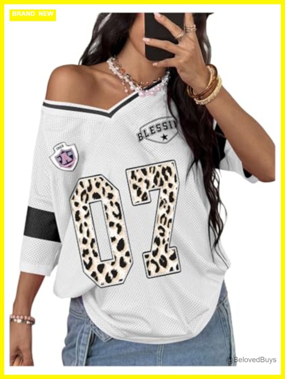 Women's Jersey Graphic T-Shirt V-Neck Short Sleeve Oversized Top